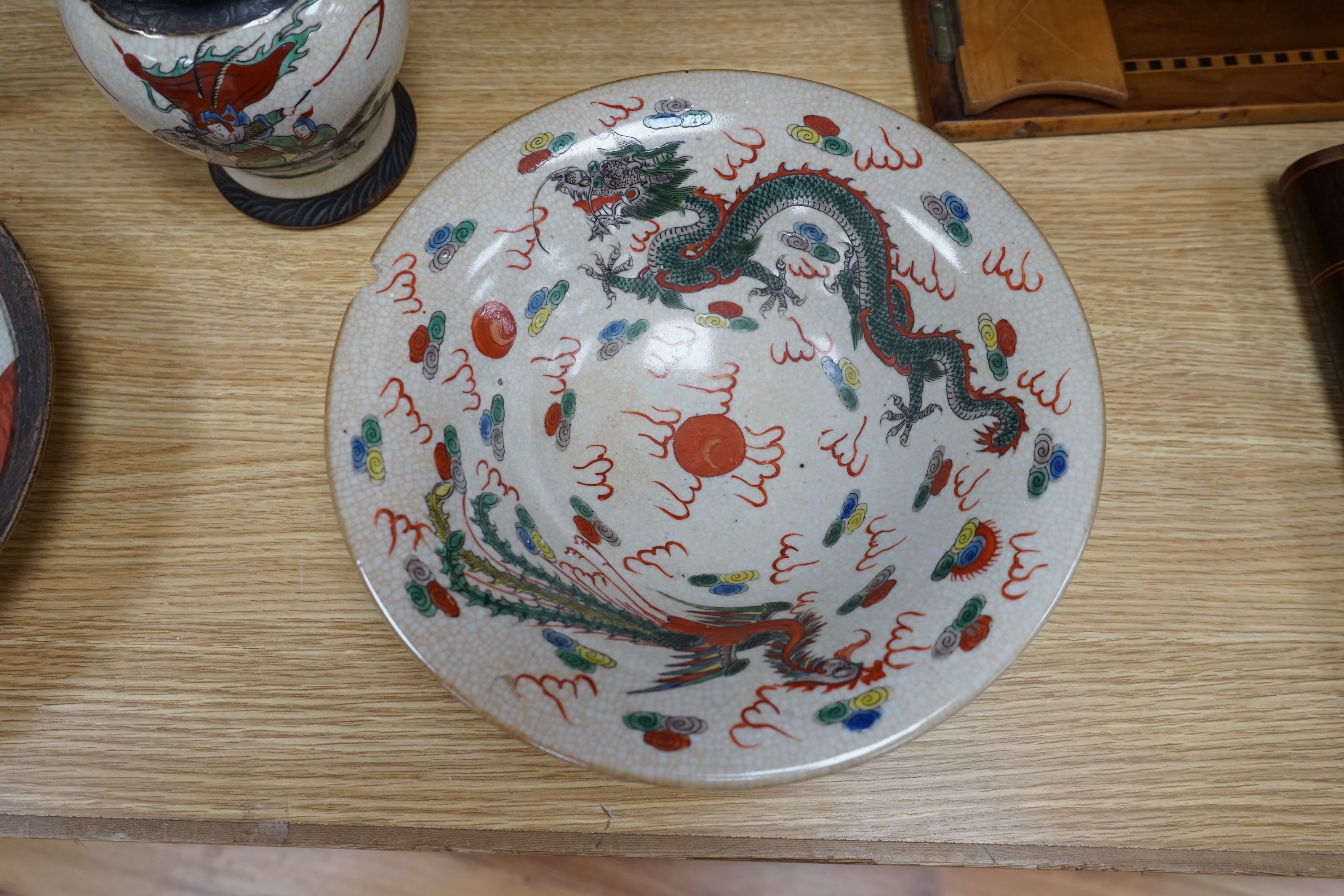 A Chinese crackle glaze bowl, vase and cover and a dish, early 20th century, largest piece 28cm diameter. Condition- fair